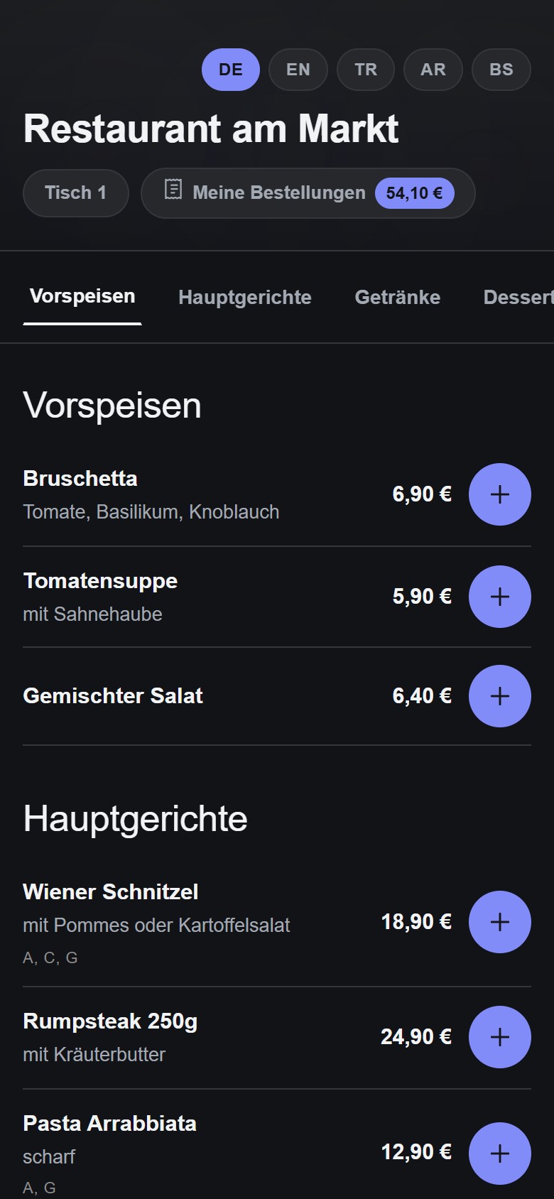 samoOrder-Speisekarte auf dem Smartphone mit Kategorien, Preisen und Allergenkennzeichnung